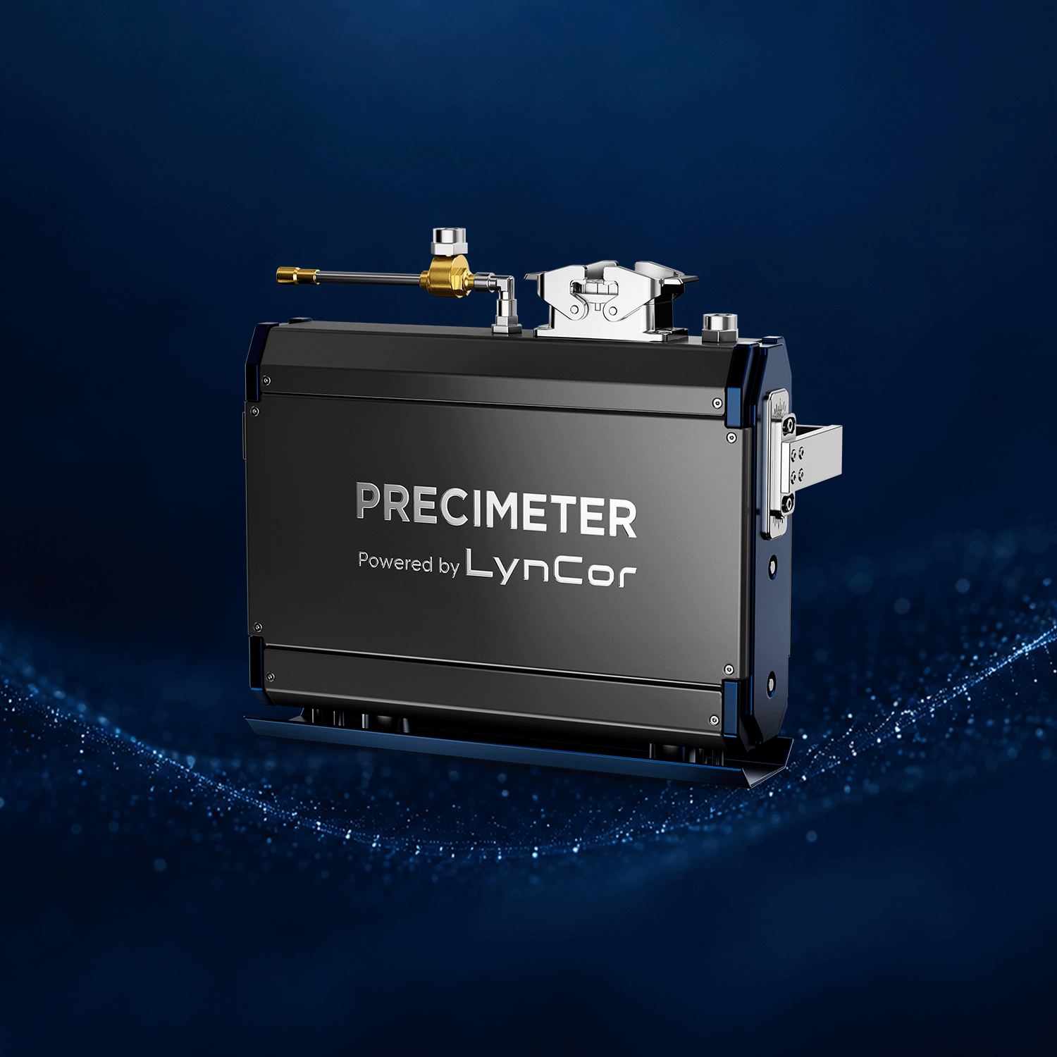 Sensor de câmera a laser LynCor ProH sobre fundo azul com partículas cintilantes